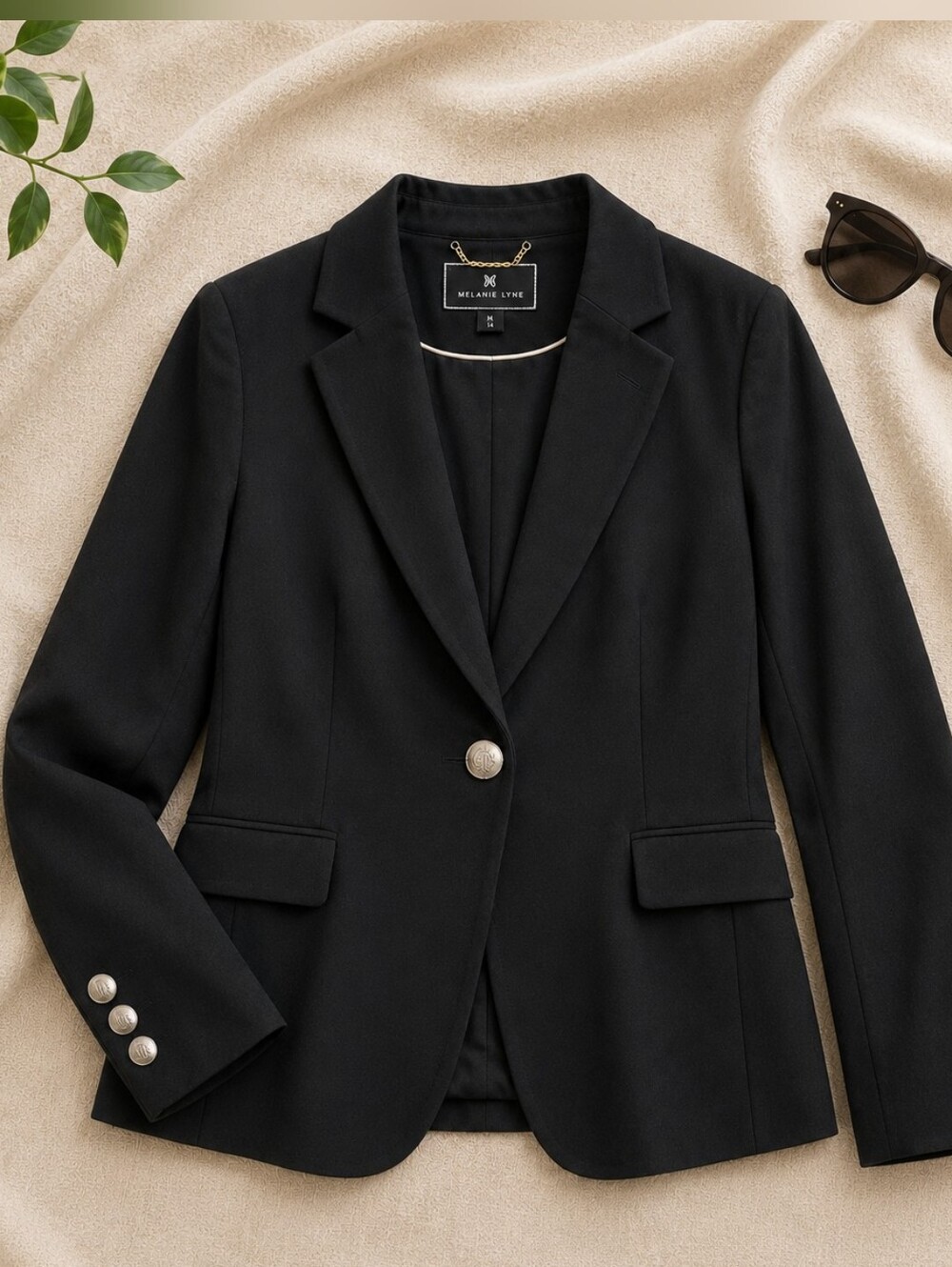 Melanie Lyne Black Blazer Embossed Buttons Size 14
